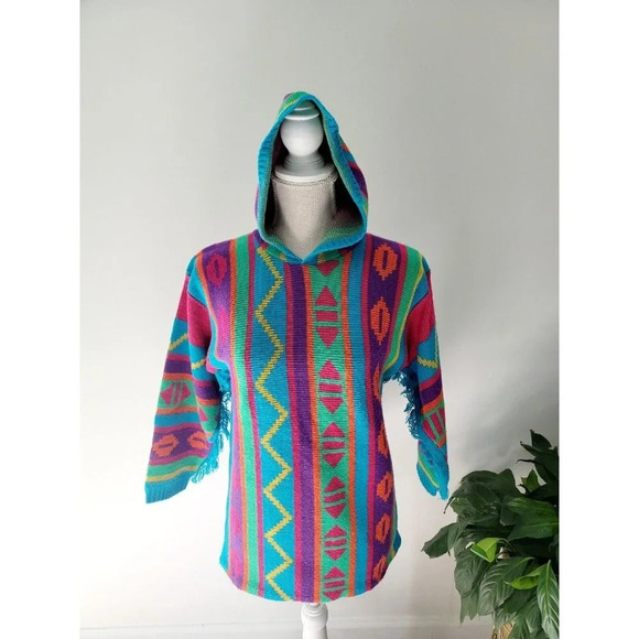 JJ Poole Vintage 80s 90s Aztec Southwestern Hooded Frayed Pullover Sweater XS S - Picture 8 of 12
